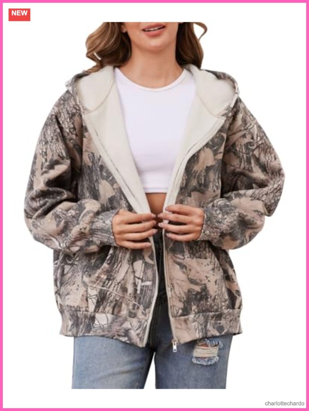 Women's Camo Zip Up Hoodie Maple Leaf Print Oversized Fleece Full Zip